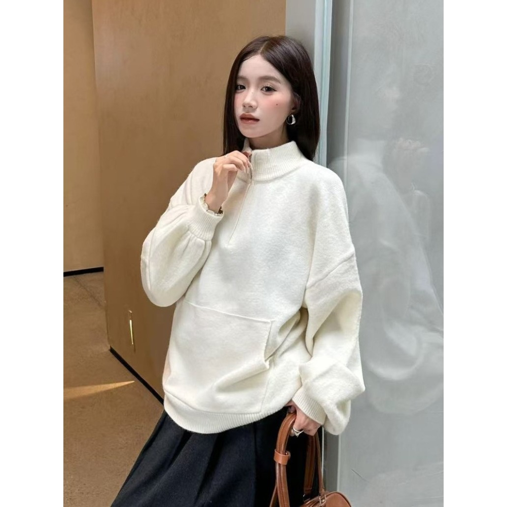 S.C優衣館 新款 拉鍊 前口袋 立領 燈籠袖 針織毛衣 素色 百搭 冬季必備款 遮肉肉 膨膨袖 東大門 現貨 女裝-細節圖5