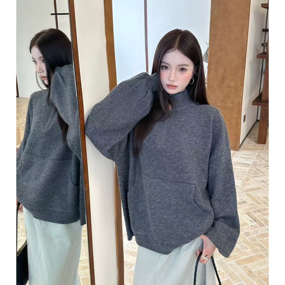 S.C優衣館 新款 拉鍊 前口袋 立領 燈籠袖 針織毛衣 素色 百搭 冬季必備款 遮肉肉 膨膨袖 東大門 現貨 女裝-細節圖6
