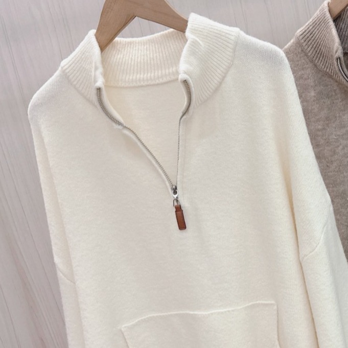 S.C優衣館 新款 拉鍊 前口袋 立領 燈籠袖 針織毛衣 素色 百搭 冬季必備款 遮肉肉 膨膨袖 東大門 現貨 女裝-規格圖9