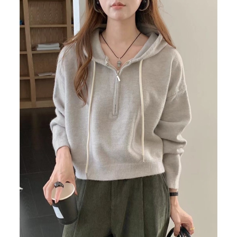 S.C優衣館 新款 針織連帽 短版上衣 前拉鍊 抽繩設計 短版 針織上衣 好穿搭 素色 長袖上衣 修飾 現貨 女裝-細節圖4