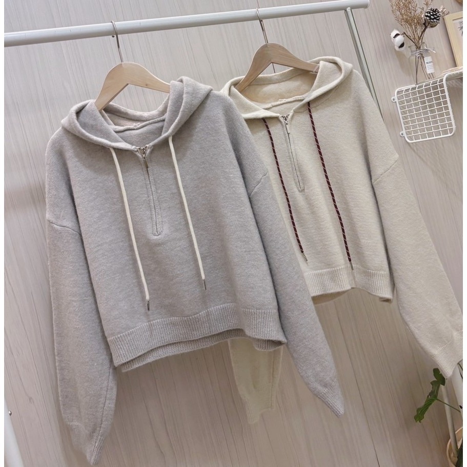 S.C優衣館 新款 針織連帽 短版上衣 前拉鍊 抽繩設計 短版 針織上衣 好穿搭 素色 長袖上衣 修飾 現貨 女裝-細節圖8