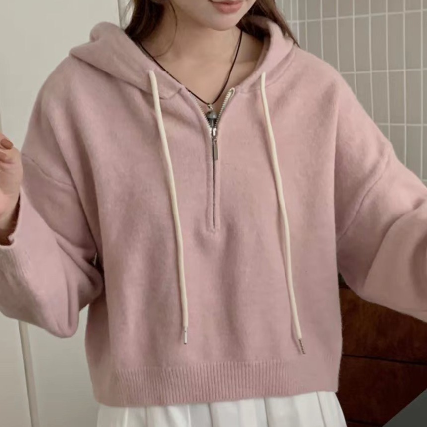 S.C優衣館 新款 針織連帽 短版上衣 前拉鍊 抽繩設計 短版 針織上衣 好穿搭 素色 長袖上衣 修飾 現貨 女裝-規格圖9