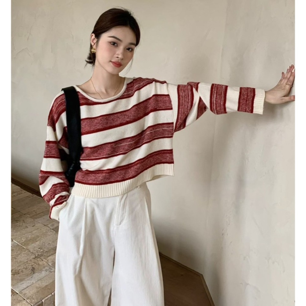 S.C優衣館 新款 短版 寬條紋 針織上衣 長袖上衣 圓領 百搭 基本款 針織毛衣 好穿搭 冬季 條紋 現貨 女裝-細節圖5