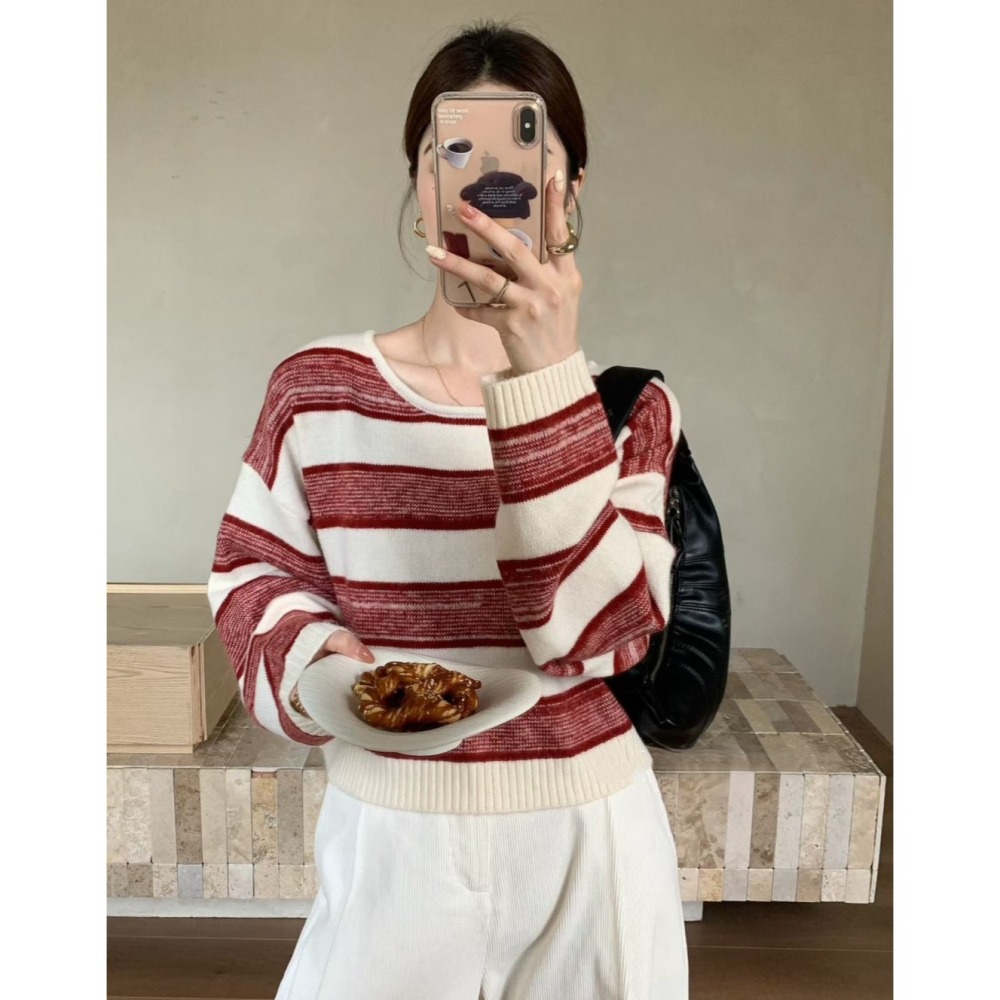 S.C優衣館 新款 短版 寬條紋 針織上衣 長袖上衣 圓領 百搭 基本款 針織毛衣 好穿搭 冬季 條紋 現貨 女裝-細節圖6