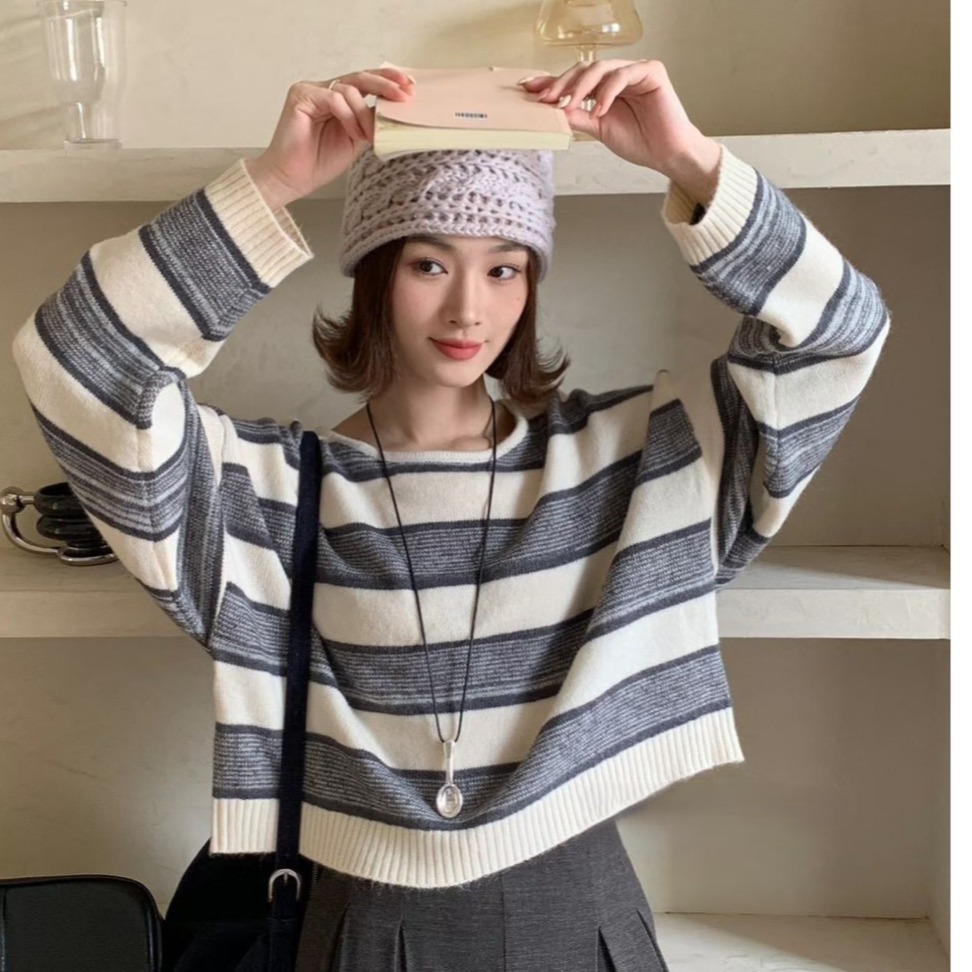 S.C優衣館 新款 短版 寬條紋 針織上衣 長袖上衣 圓領 百搭 基本款 針織毛衣 好穿搭 冬季 條紋 現貨 女裝-規格圖10