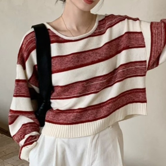 S.C優衣館 新款 短版 寬條紋 針織上衣 長袖上衣 圓領 百搭 基本款 針織毛衣 好穿搭 冬季 條紋 現貨 女裝-規格圖10