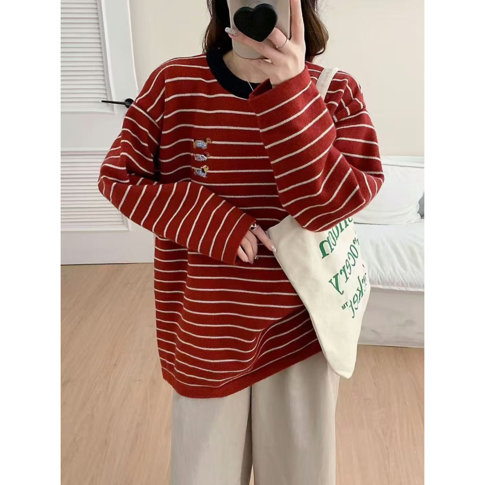 S.C優衣館 冬季新款 刺繡 臘腸狗 圓領 針織上衣 長袖 針織 條紋上衣 可愛圖樣 修身款 毛衣 現貨 女裝-細節圖2