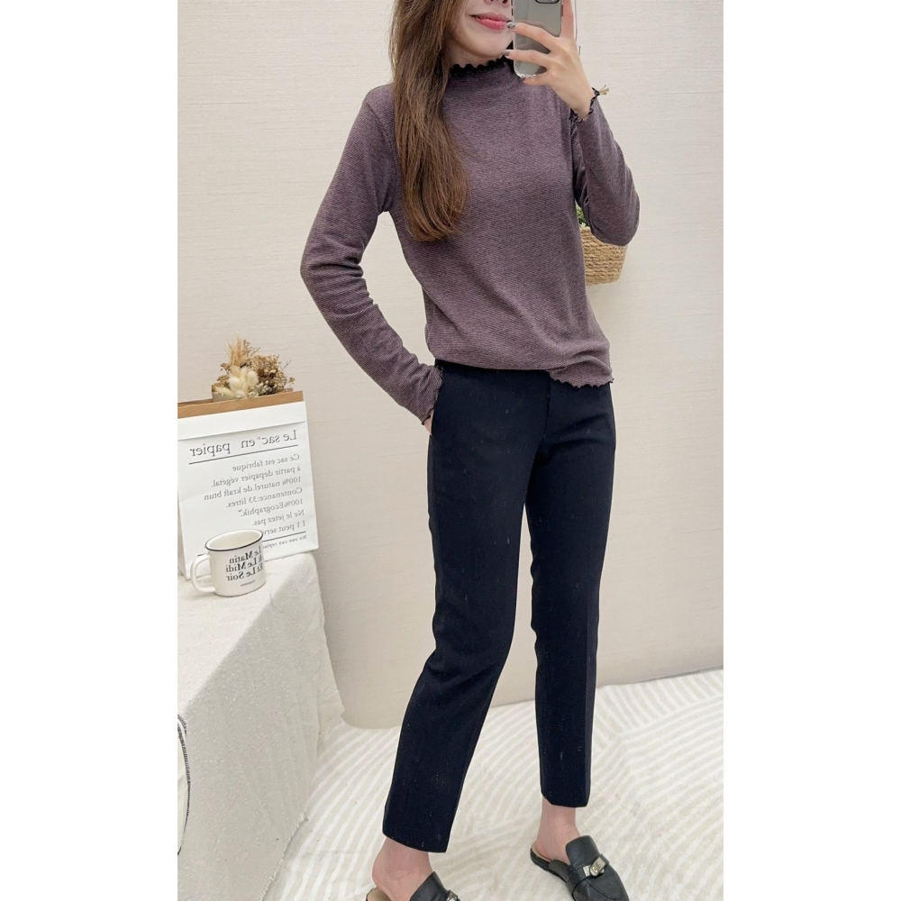 S.C優衣館 正韓 新款 荷葉邊 條紋 長袖上衣 內搭 保暖 超彈力 冬季必備 套頭上衣 中高領 長袖 現貨 女裝-細節圖2