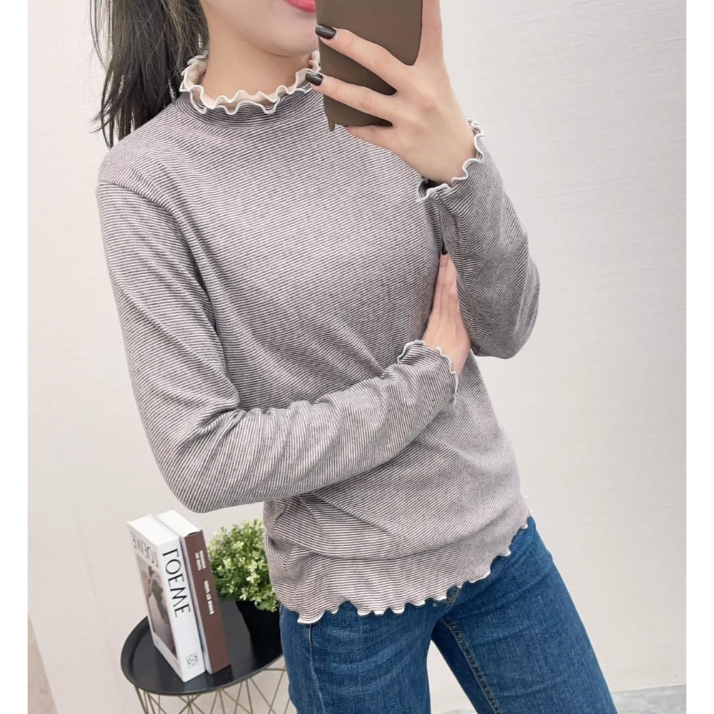 S.C優衣館 正韓 新款 荷葉邊 條紋 長袖上衣 內搭 保暖 超彈力 冬季必備 套頭上衣 中高領 長袖 現貨 女裝-細節圖3