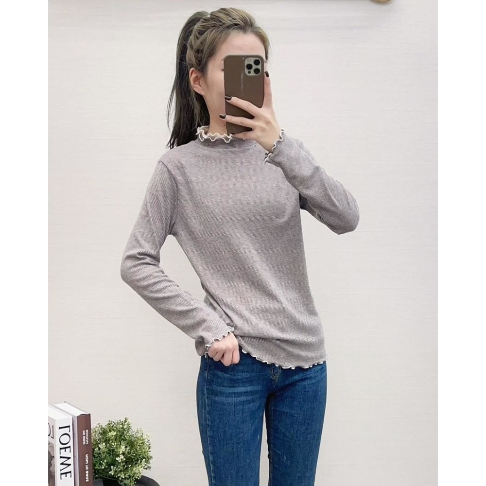 S.C優衣館 正韓 新款 荷葉邊 條紋 長袖上衣 內搭 保暖 超彈力 冬季必備 套頭上衣 中高領 長袖 現貨 女裝-細節圖4