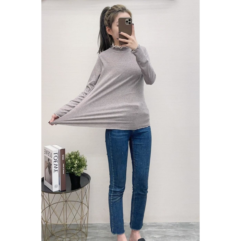 S.C優衣館 正韓 新款 荷葉邊 條紋 長袖上衣 內搭 保暖 超彈力 冬季必備 套頭上衣 中高領 長袖 現貨 女裝-細節圖5