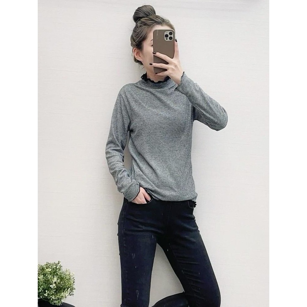 S.C優衣館 正韓 新款 荷葉邊 條紋 長袖上衣 內搭 保暖 超彈力 冬季必備 套頭上衣 中高領 長袖 現貨 女裝-細節圖6