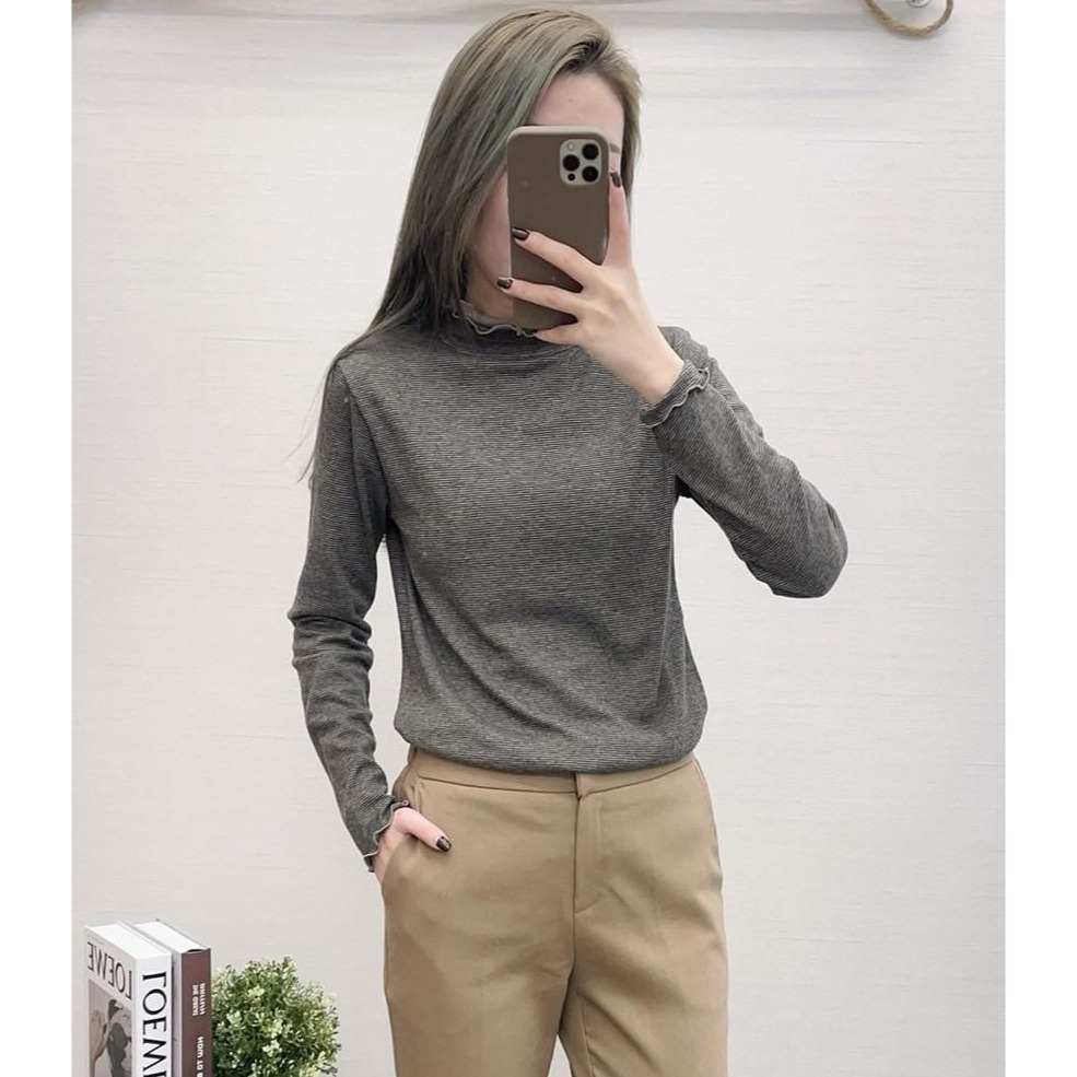 S.C優衣館 正韓 新款 荷葉邊 條紋 長袖上衣 內搭 保暖 超彈力 冬季必備 套頭上衣 中高領 長袖 現貨 女裝-細節圖7