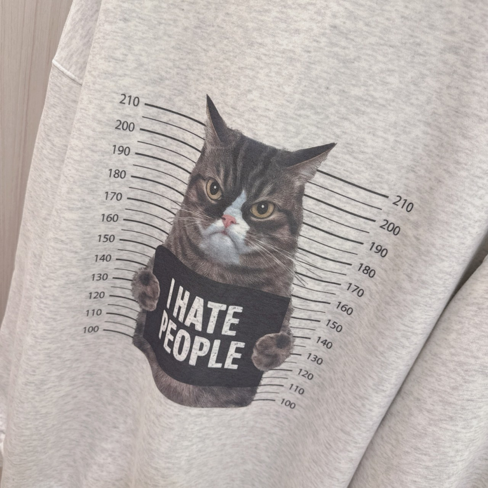 S.C優衣館 個性貓 圖樣 圓領 長袖上衣 T恤 寬鬆版 遮肉肉 出遊必備款 臭臉貓 百搭 減齡 好穿搭 現貨 女裝-細節圖5