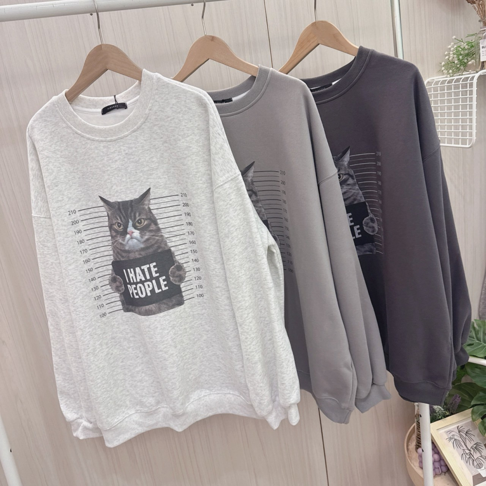 S.C優衣館 個性貓 圖樣 圓領 長袖上衣 T恤 寬鬆版 遮肉肉 出遊必備款 臭臉貓 百搭 減齡 好穿搭 現貨 女裝-細節圖7