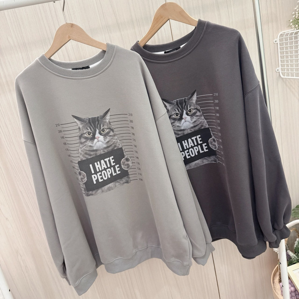 S.C優衣館 個性貓 圖樣 圓領 長袖上衣 T恤 寬鬆版 遮肉肉 出遊必備款 臭臉貓 百搭 減齡 好穿搭 現貨 女裝-細節圖8