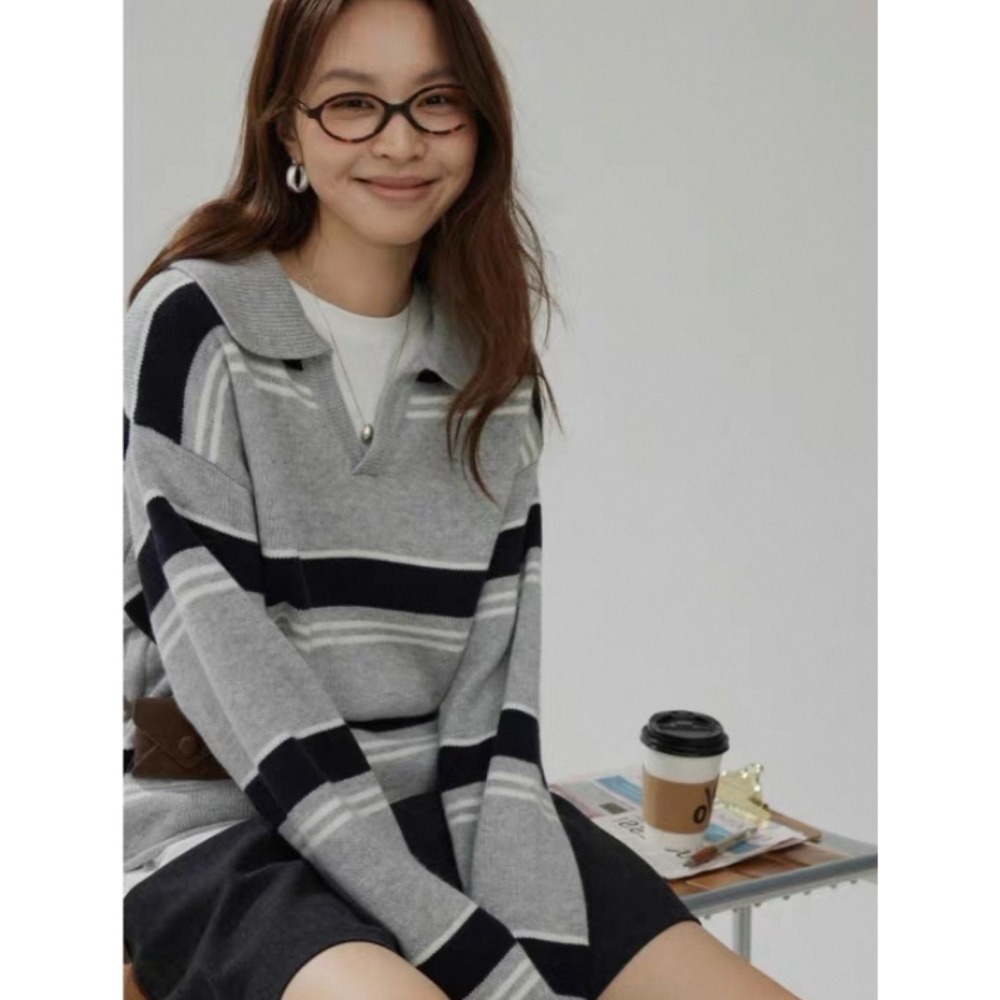 S.C優衣館 新款 翻領 橫修紋 毛衣 長袖上衣 百搭 基本款 針織上衣 學院風 辦公室 新鮮人 穿搭 現貨 女裝-細節圖4