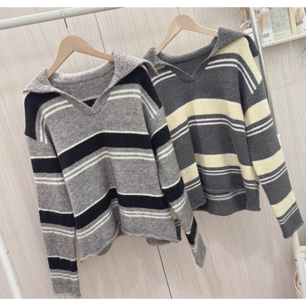 S.C優衣館 新款 翻領 橫修紋 毛衣 長袖上衣 百搭 基本款 針織上衣 學院風 辦公室 新鮮人 穿搭 現貨 女裝-細節圖6