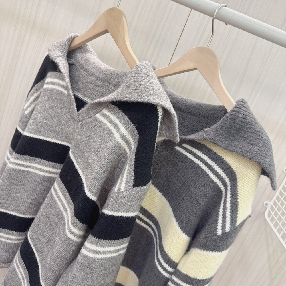 S.C優衣館 新款 翻領 橫修紋 毛衣 長袖上衣 百搭 基本款 針織上衣 學院風 辦公室 新鮮人 穿搭 現貨 女裝-細節圖7