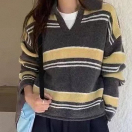S.C優衣館 新款 翻領 橫修紋 毛衣 長袖上衣 百搭 基本款 針織上衣 學院風 辦公室 新鮮人 穿搭 現貨 女裝-規格圖7