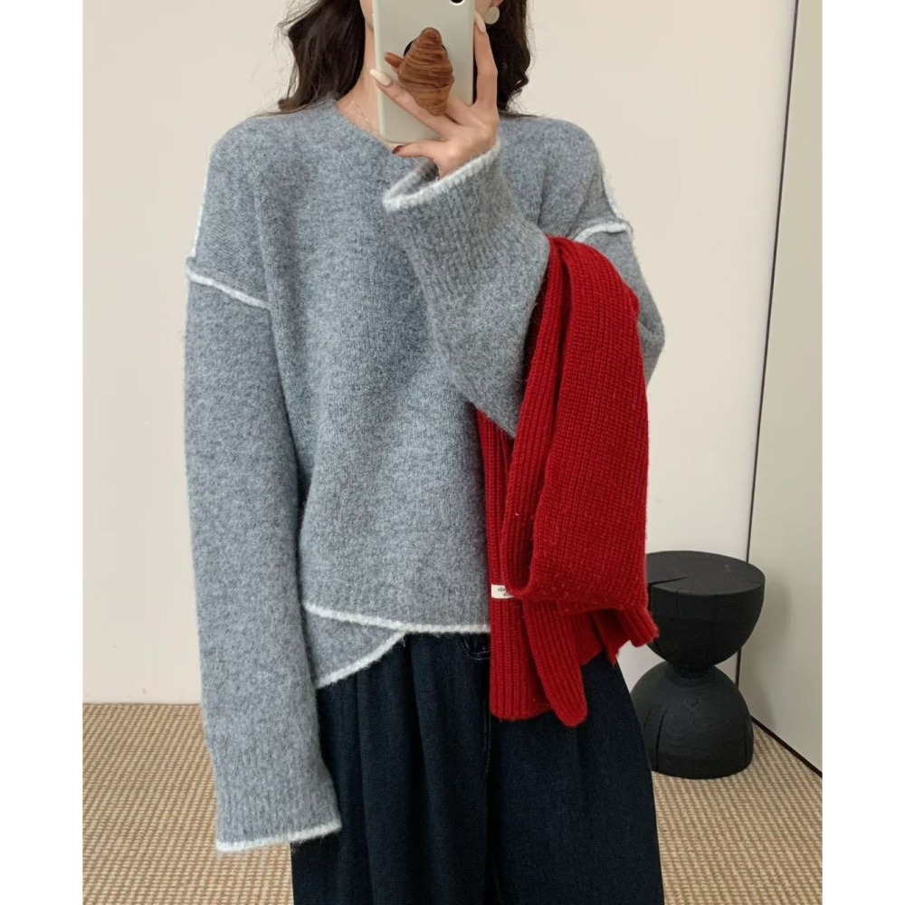 S.C優衣館 韓版 新款 下擺 不對稱 撞色車線 設計 造型 毛衣 圓領 長袖上衣 秋冬款 氣質小姐姐 現貨 女裝-細節圖2