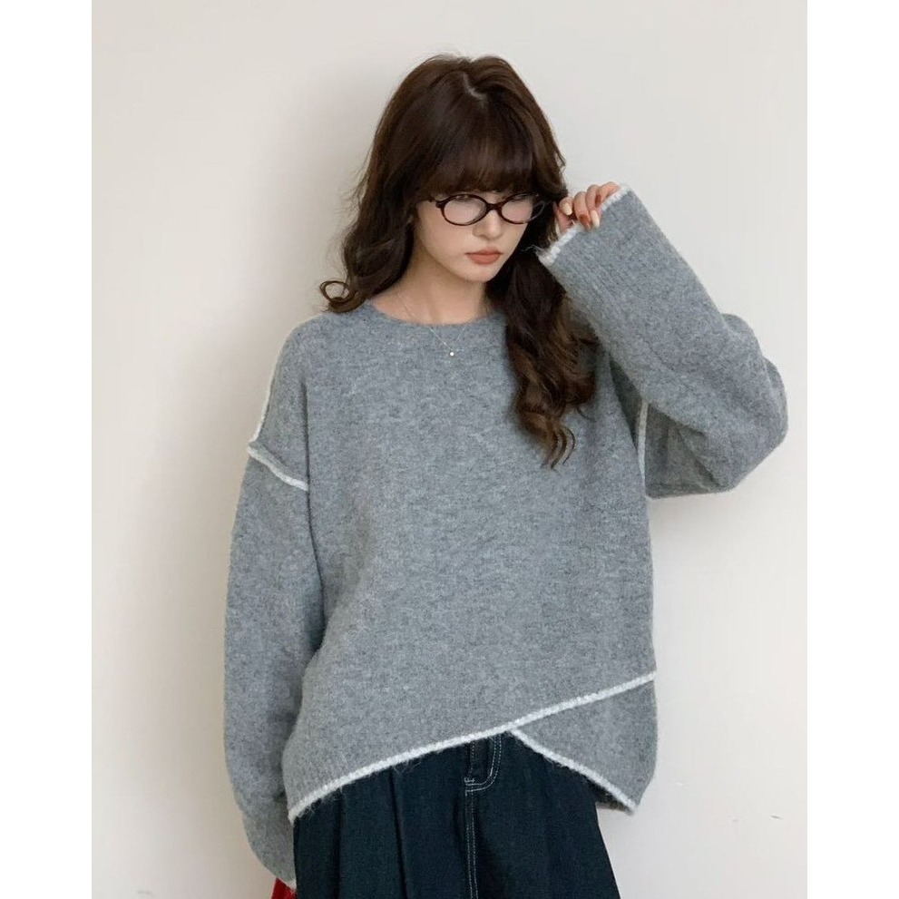 S.C優衣館 韓版 新款 下擺 不對稱 撞色車線 設計 造型 毛衣 圓領 長袖上衣 秋冬款 氣質小姐姐 現貨 女裝-細節圖3