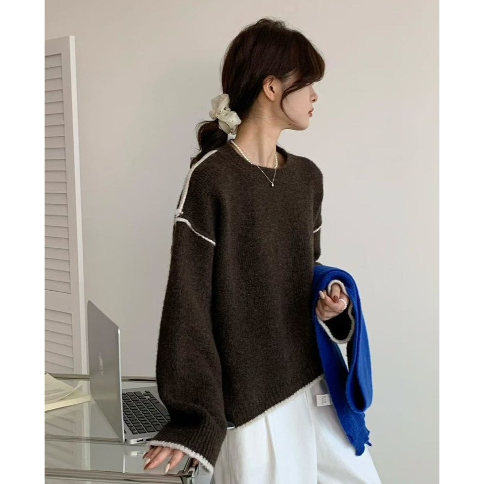 S.C優衣館 韓版 新款 下擺 不對稱 撞色車線 設計 造型 毛衣 圓領 長袖上衣 秋冬款 氣質小姐姐 現貨 女裝-細節圖4