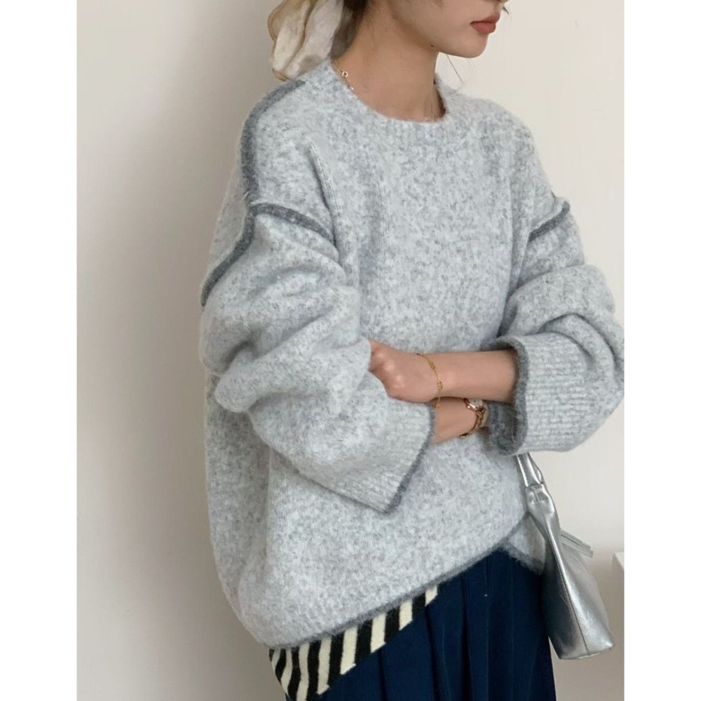 S.C優衣館 韓版 新款 下擺 不對稱 撞色車線 設計 造型 毛衣 圓領 長袖上衣 秋冬款 氣質小姐姐 現貨 女裝-細節圖7