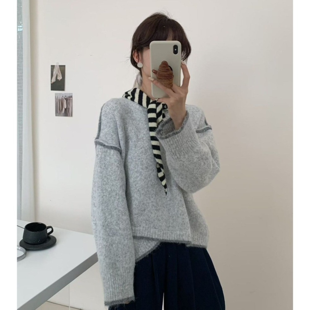 S.C優衣館 韓版 新款 下擺 不對稱 撞色車線 設計 造型 毛衣 圓領 長袖上衣 秋冬款 氣質小姐姐 現貨 女裝-細節圖8