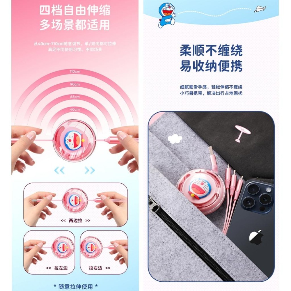 【喵喵屋|24H出貨】哆啦A夢 3合1 蘋果 伸縮數據線 充電線USB-C 安卓 小叮噹 伸縮充電線 三合一-細節圖7