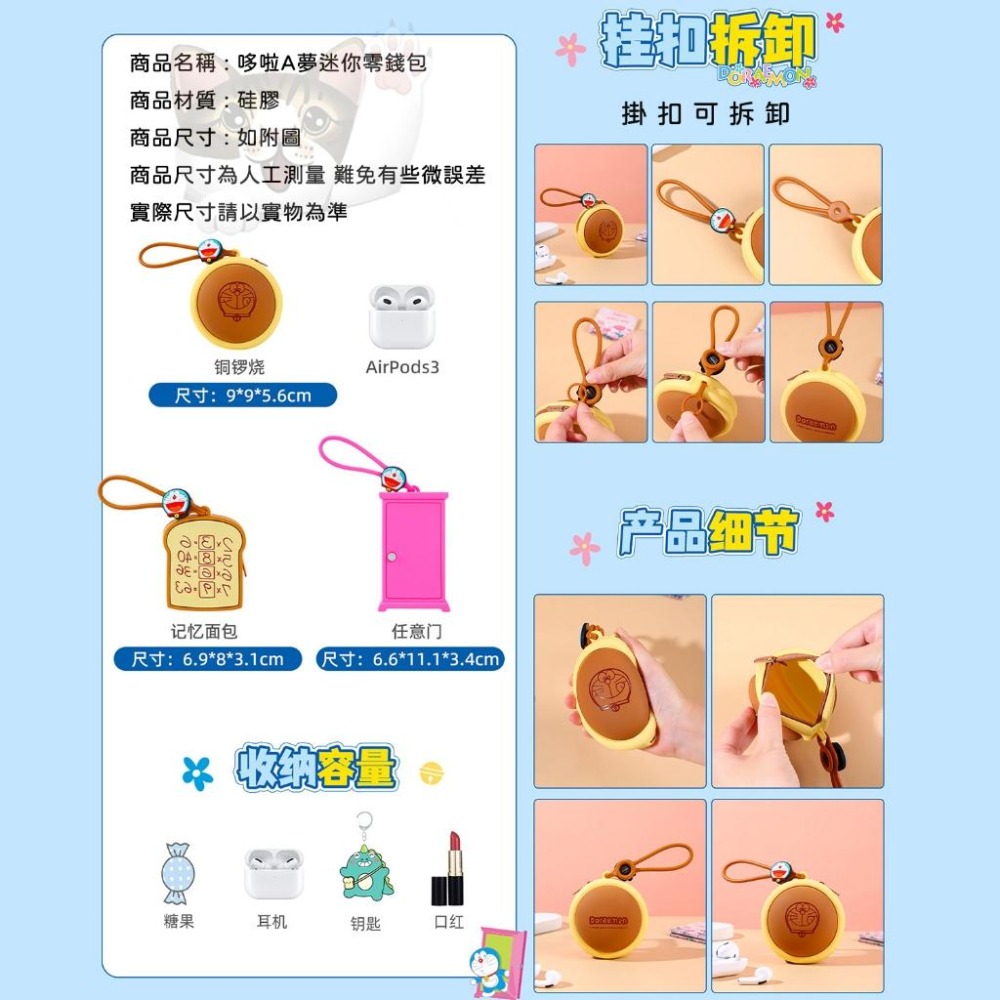 【喵喵屋|24H出貨】哆啦A夢 迷你零錢包 收納包 可收納小物 易清潔 硅膠 掛件 掛飾 銅鑼燒 任意門 記憶吐司-細節圖4