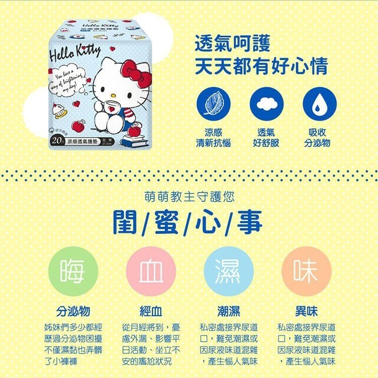 開發票 Hello Kitty 涼感 透氣護墊15.5cm／衛生棉(日用24.5cm)／衛生棉(夜用特長34cm)-細節圖3