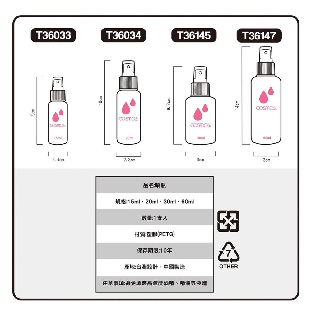 開發票 cosmos 15ml / 20ml / 30ml / 35ml / 60ml 噴瓶 多款供選 分裝瓶 旅行-細節圖2