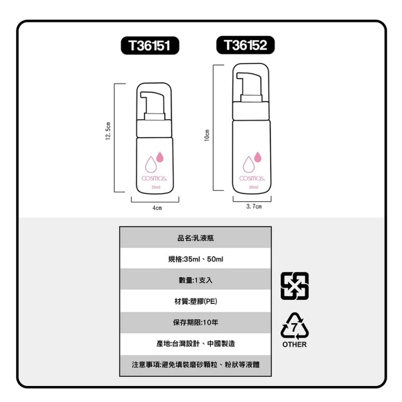 cosmos 35ml/50ml 乳液瓶 按壓瓶 多款供選 分裝瓶 旅行-細節圖3