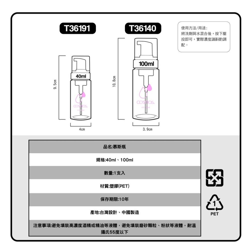 開發票 cosmos 40ml/100ml 慕絲瓶 慕斯瓶 多款供選 泡沫瓶 慕斯泡沫分裝瓶 分裝 旅行-細節圖3