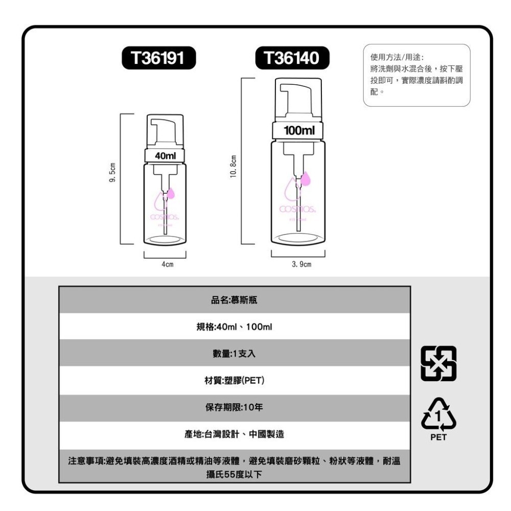 cosmos 慕絲瓶 40ml、100ml 慕斯瓶 泡沫瓶 泡泡瓶 分裝瓶 旅行-細節圖2