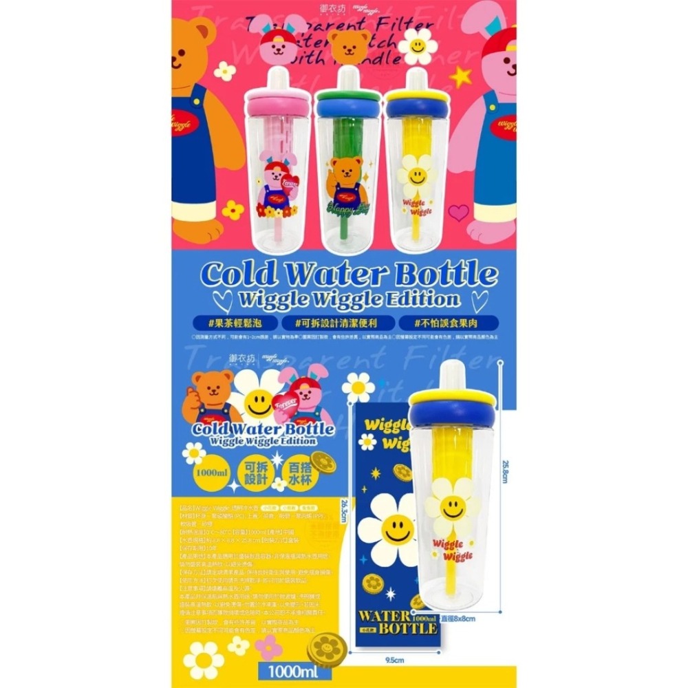 開發票 御衣坊 Wiggle Wiggle 透明冷水壺 1000ml  多款供選 水壺 隨行杯 水瓶-細節圖2