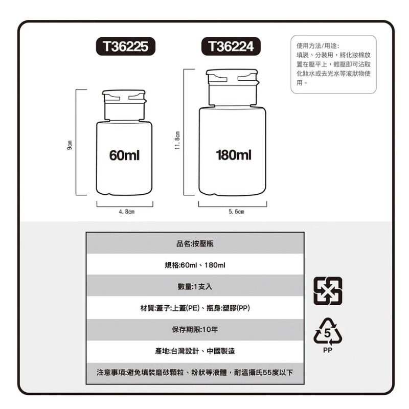 cosmos 按壓式分裝瓶 60ml、180ml 多款供選 按壓瓶 可裝去光水 化妝水  旅行-細節圖2
