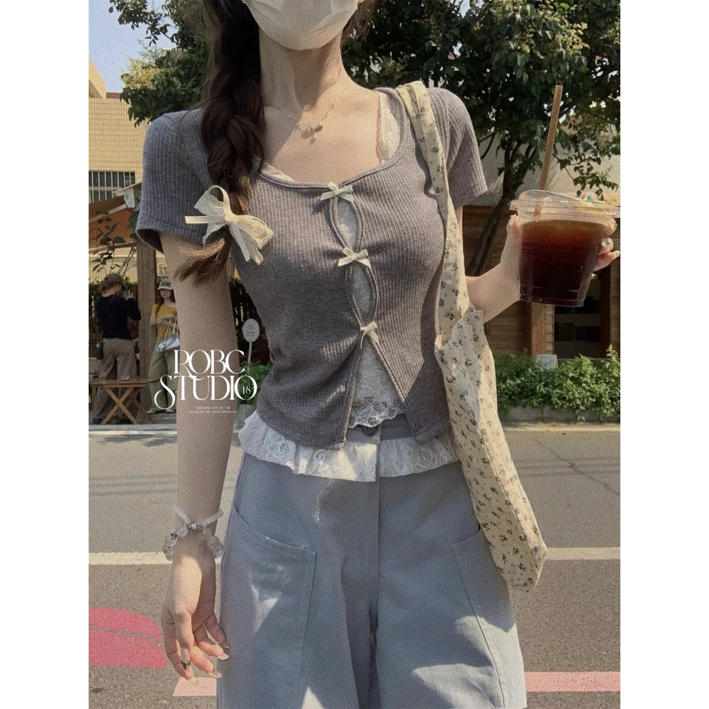 純欲甜辣假兩件蕾絲U領短袖上衣（蝴蝶結/繞脖蕾絲)-細節圖3