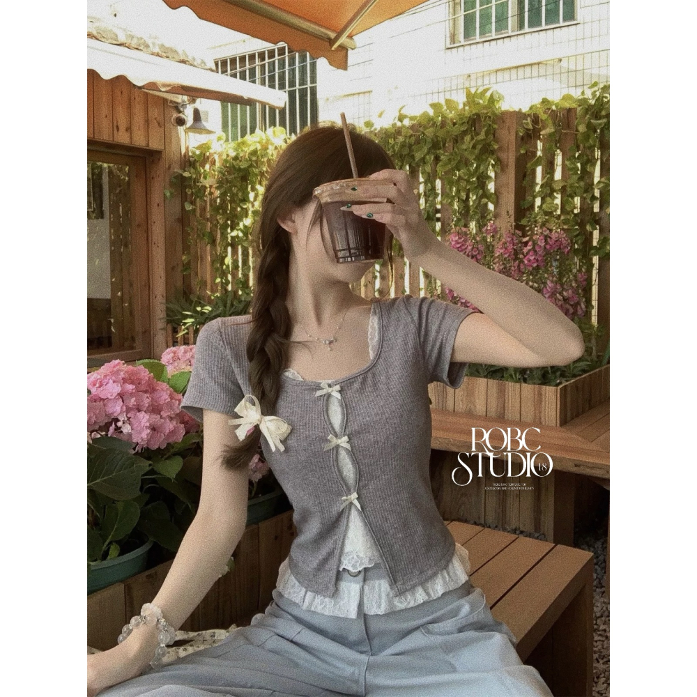 純欲甜辣假兩件蕾絲U領短袖上衣（蝴蝶結/繞脖蕾絲)-細節圖4