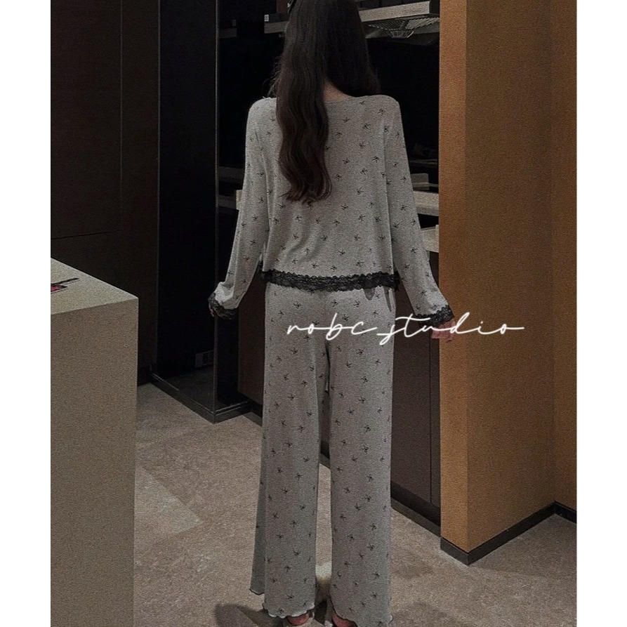 蝴蝶結蕾絲莫代爾棉 睡衣三件套 （帶胸墊 .ᐟ.ᐟ-細節圖2