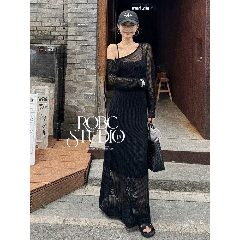 黑色斜肩長袖針織連衣裙🖤（2件套吊帶裙+針織裙）-細節圖2