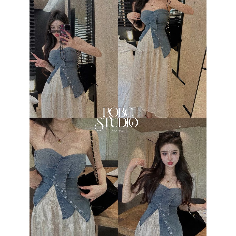 辣妹牛仔抹胸不規則上衣-細節圖2