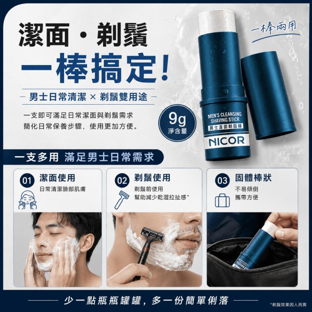 【現貨】NICOR 男士潔面剃鬚棒 9g 固體洗面乳 剃鬚膏二合一 旋轉膏體 控油保濕 出差旅行便攜洗面膏-細節圖3