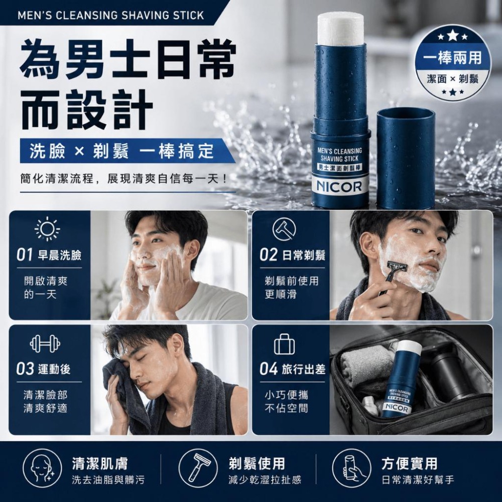 【現貨】NICOR 男士潔面剃鬚棒 9g 固體洗面乳 剃鬚膏二合一 旋轉膏體 控油保濕 出差旅行便攜洗面膏-細節圖7