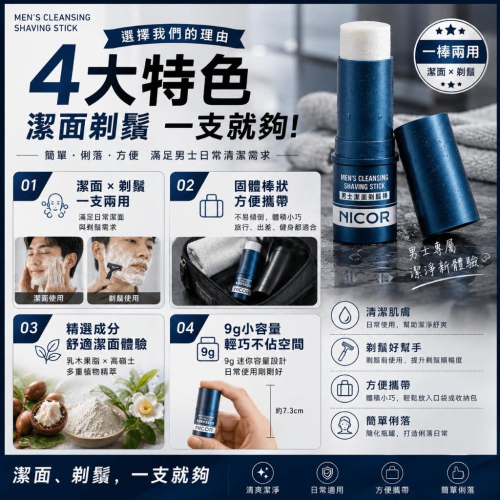 【現貨】NICOR 男士潔面剃鬚棒 9g 固體洗面乳 剃鬚膏二合一 旋轉膏體 控油保濕 出差旅行便攜洗面膏-細節圖8