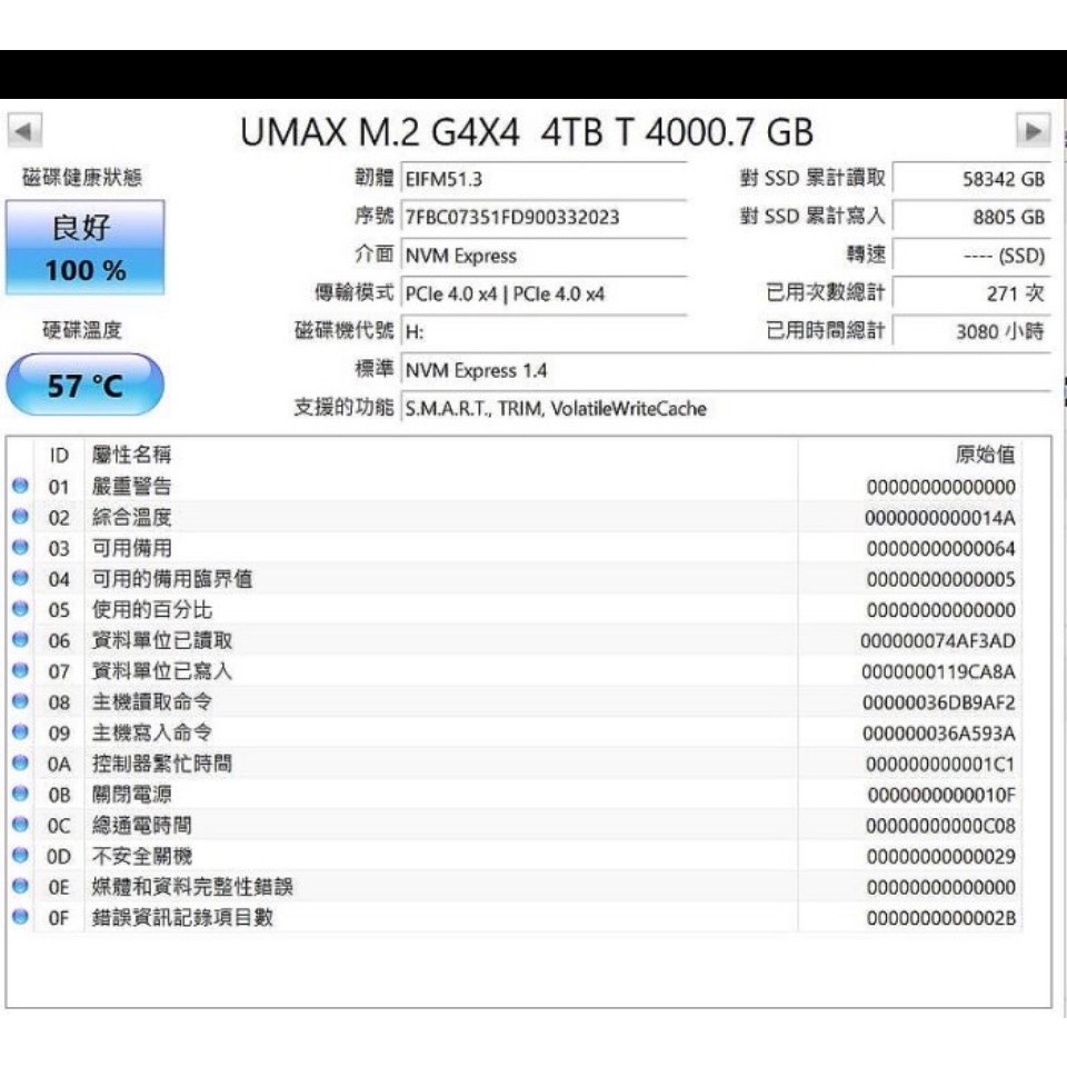 健康度100% 保固中 UMAX M1500 4TB M.2 PCIe SSD Gen4 ps5-細節圖3