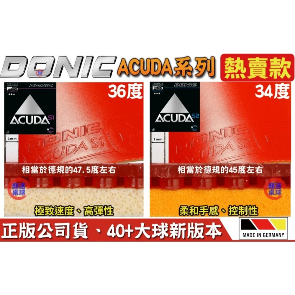 顏同學 顏選桌球 DONIC ACUDA S1 S2 S-1 S-2 桌球 乒乓球 桌球膠皮 德國製 蛋糕海綿 面膠-細節圖3