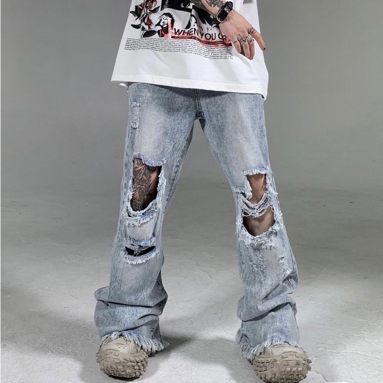 𝟒𝟐 𝐬𝐡𝐨𝐩 𝐬𝐭𝐮𝐝𝐢𝐨| 小眾嘻哈街頭膝蓋大破洞寬鬆毛邊微喇牛仔褲-細節圖2