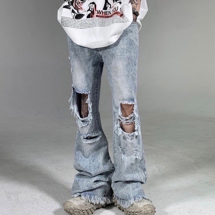 𝟒𝟐 𝐬𝐡𝐨𝐩 𝐬𝐭𝐮𝐝𝐢𝐨| 小眾嘻哈街頭膝蓋大破洞寬鬆毛邊微喇牛仔褲-細節圖4
